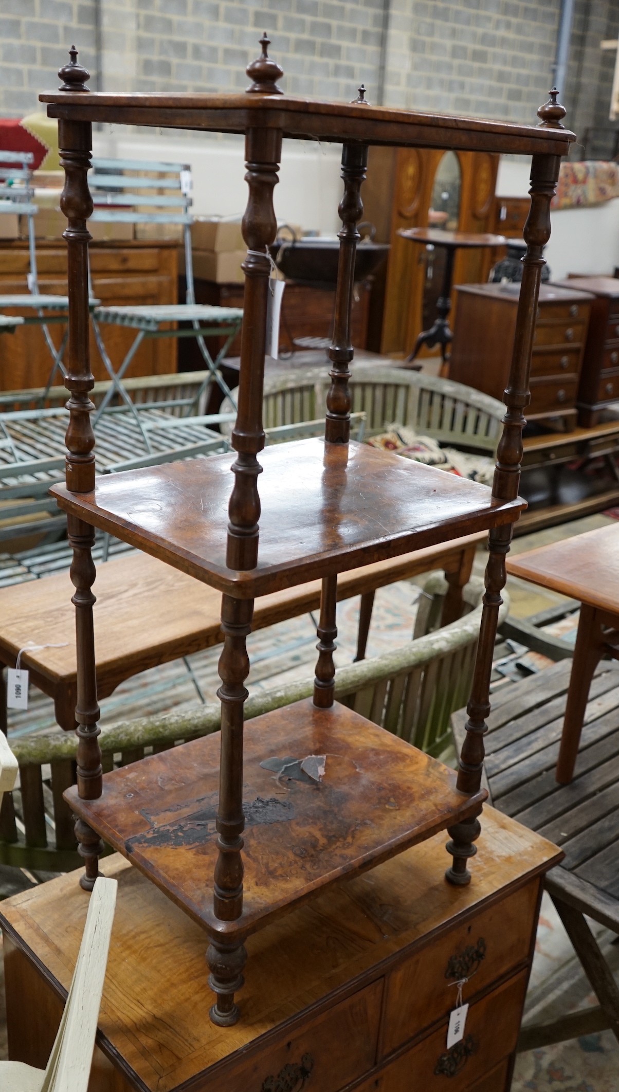 A Victorian walnut three tier whatnot, width 49cm, depth 37cm, height 108cm